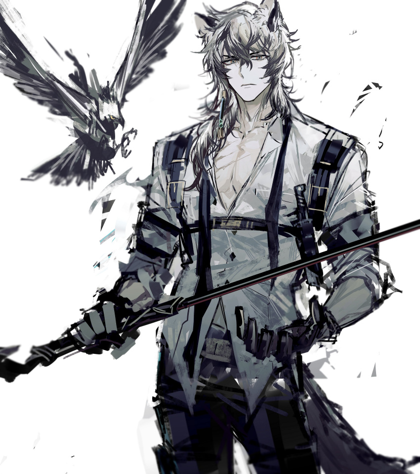 1boy, absurdres, animal_ear_fluff, animal_ears, arknights, belt, bird, black_gloves