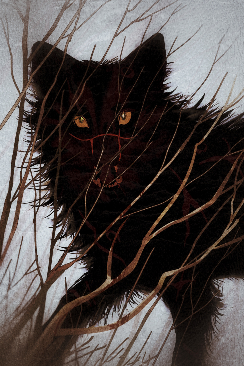 absurdres, animal_focus, bare_bush, black_fur, blood, blood_from_mouth, blood_splatter, bright_pupils