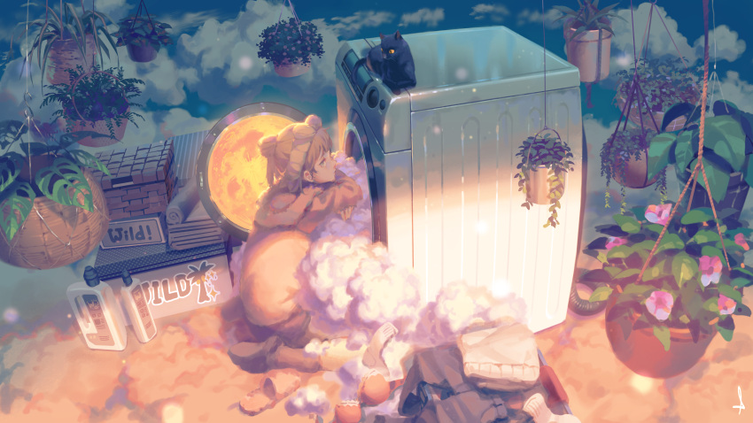 1girl, absurdres, blonde_hair, boots, bottle, cat, clothes_on_floor, clouds