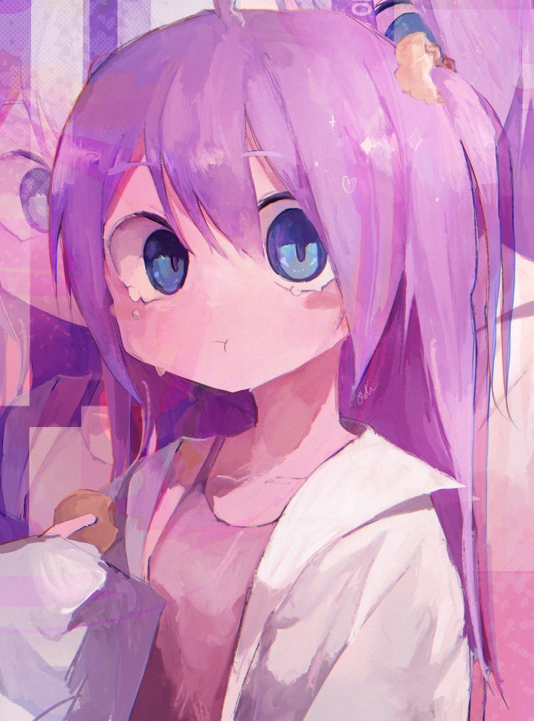 1girl, :t, abstract_background, ahoge, blue_eyes, blush_stickers, camisole, commentary_request