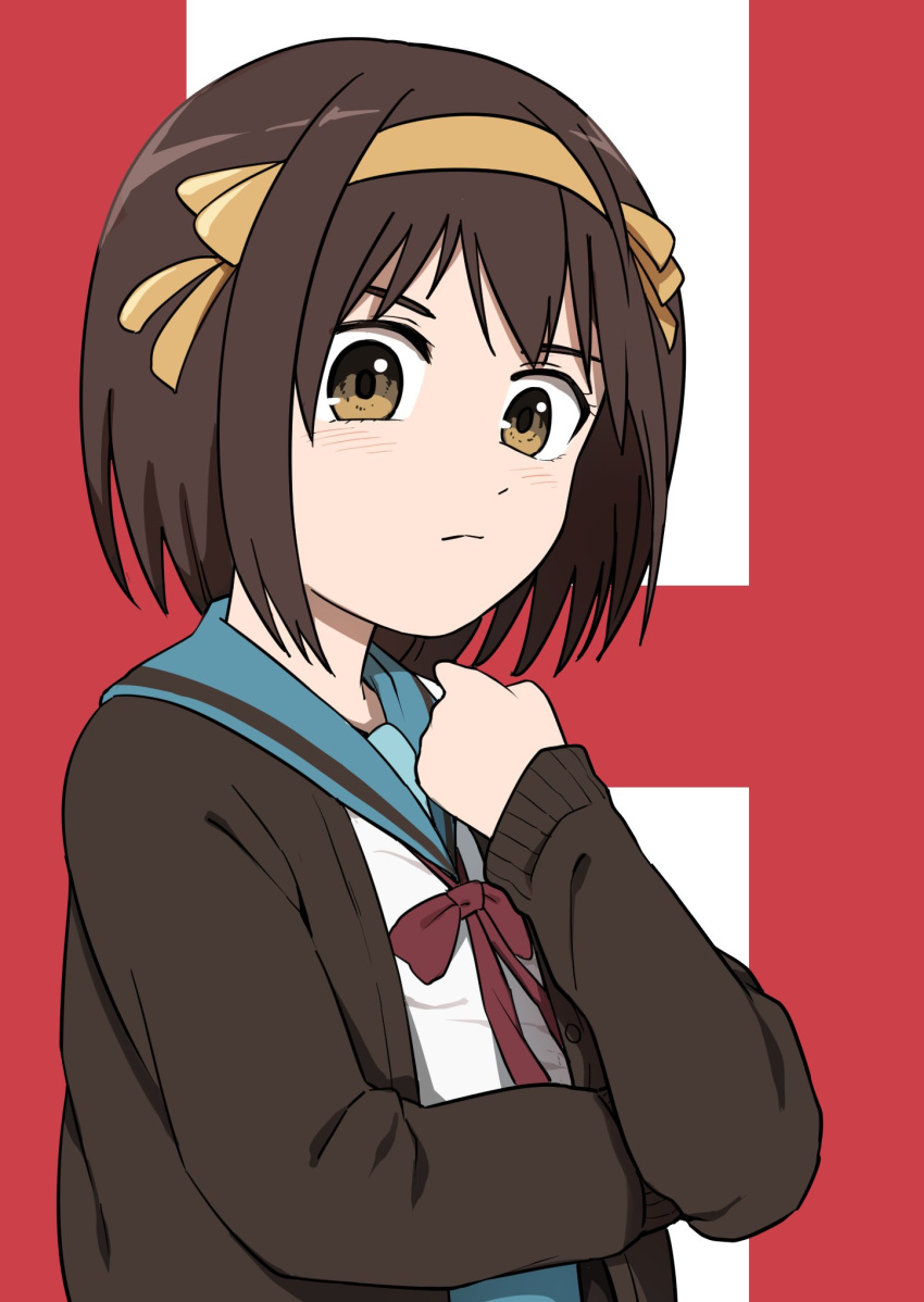 1girl, bangs, blue_sailor_collar, blue_skirt, blush, bob_cut, brown_cardigan, brown_eyes