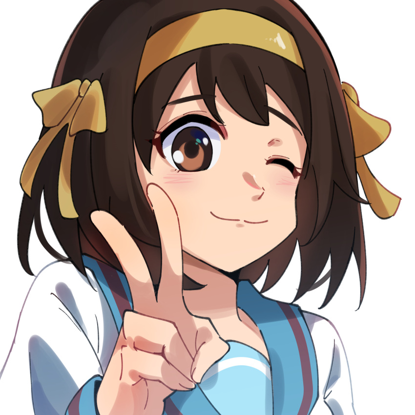 1girl, ;), bangs, blue_sailor_collar, blush, bob_cut, brown_eyes, brown_hair