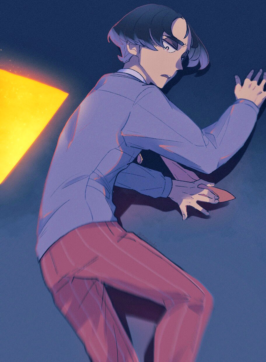 1boy, alternate_costume, bangs, black_eyes, black_hair, blurry, bright_pupils, commentary_request