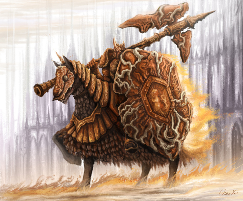 1boy, armor, axe, battle_axe, draconic_tree_sentinel, elden_ring, highres, holding, holding_weapon, horseback_riding, knight, portrait, riding, shield, solo, weapon, yihanxu