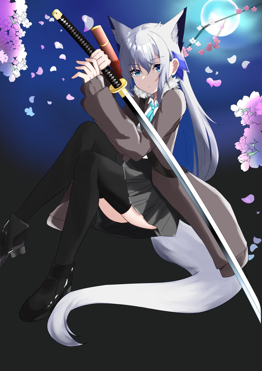 1girl, absurdres, animal_ear_fluff, animal_ears, bangs, black_thighhighs, blue_eyes, cherry_blossoms, commentary_request, extra_ears, fox_ears, fox_girl, fox_tail, grey_jacket, grey_skirt, hair_between_eyes, hair_ornament, highres, holding, holding_sword, holding_weapon, jacket, kamishiro_may, katana, long_hair, looking_at_viewer, open_clothes, open_jacket, original, sheath, shirt, sidelocks, skirt, solo, sword, tail, thigh-highs, weapon, white_hair, white_shirt