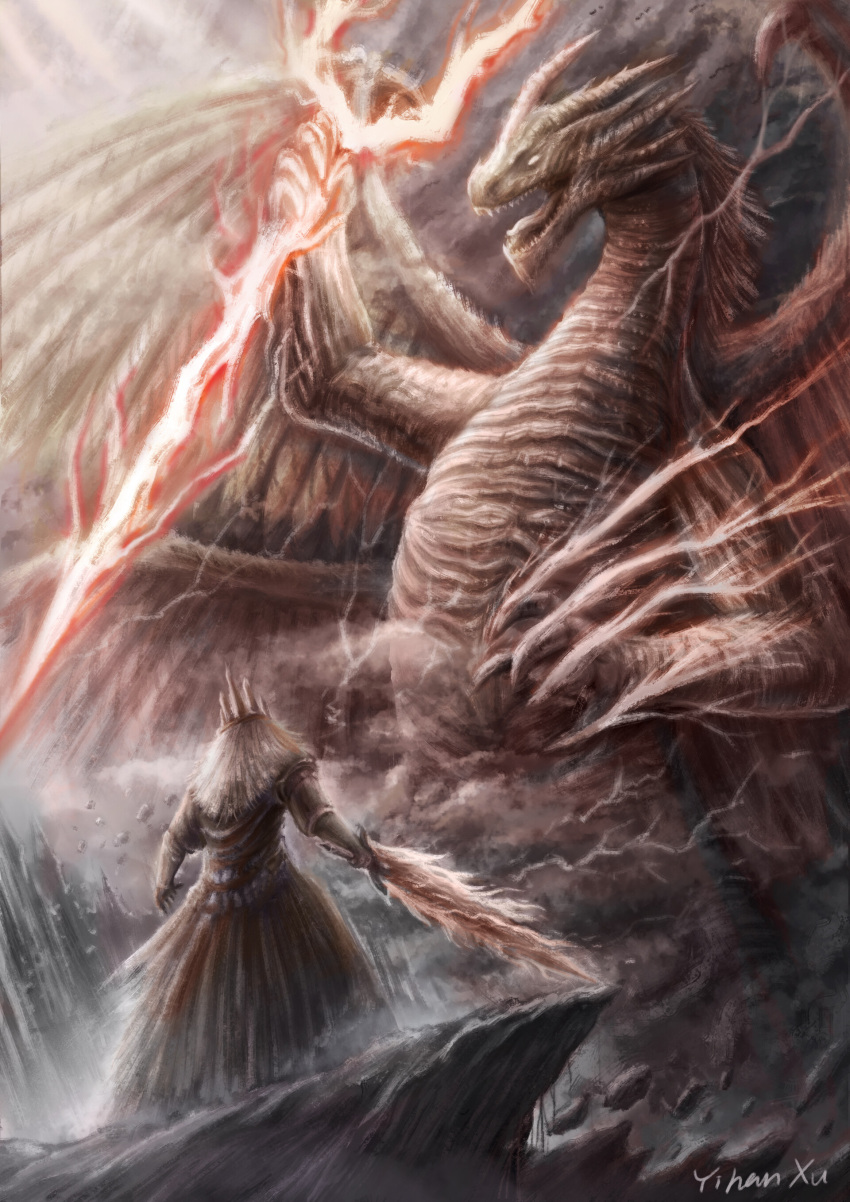 1boy, 1other, absurdres, ancient_dragon_lansseax, battle, crown, dark_souls_(series), dark_souls_i