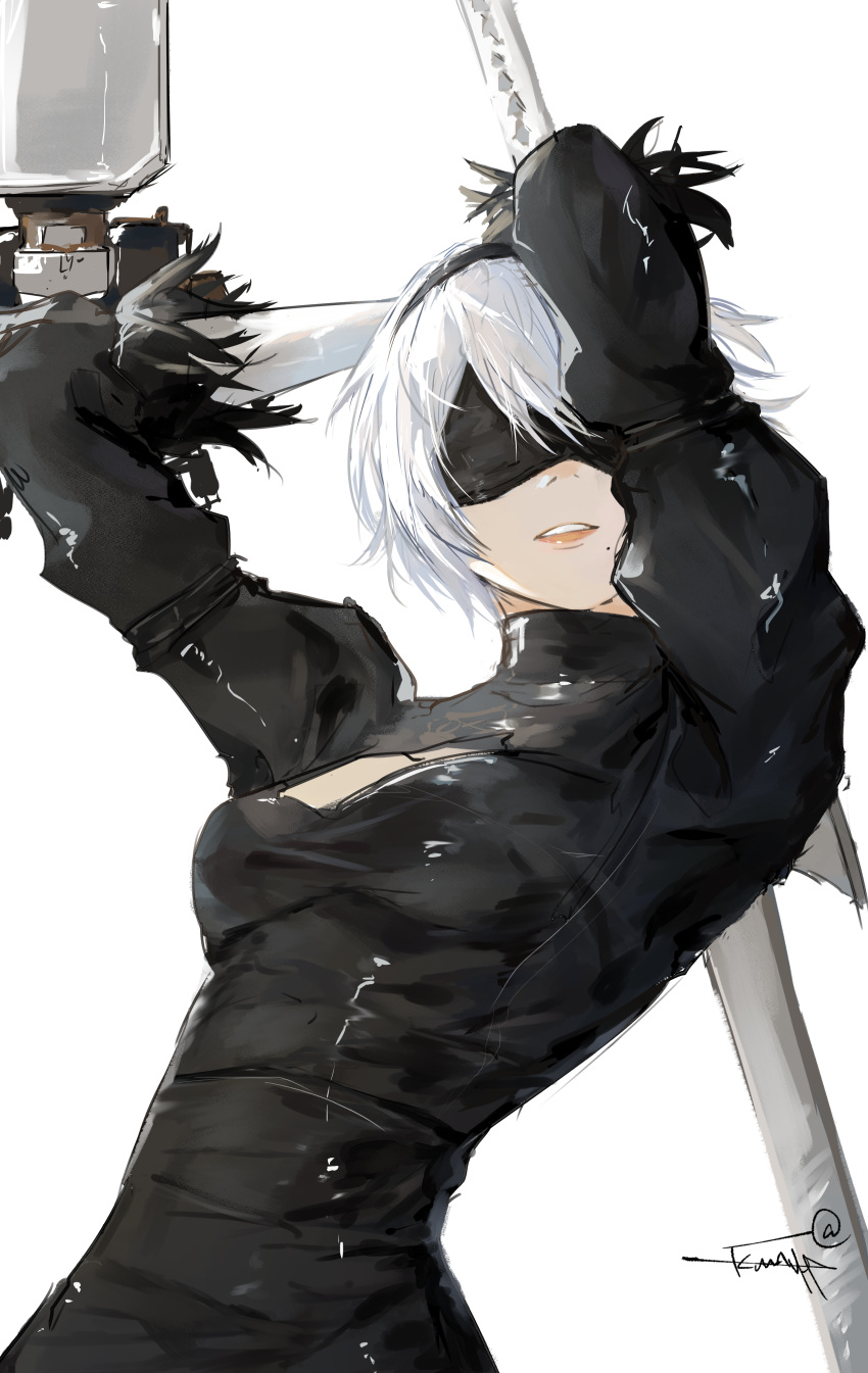 1girl, absurdres, arms_up, black_blindfold, black_dress, black_hairband, blindfold, breasts, cleavage_cutout, clenched_teeth, clothing_cutout, dress, drone, feather-trimmed_sleeves, floating, hairband, highres, holding, holding_weapon, juliet_sleeves, kumah_dessu, long_sleeves, medium_breasts, nier_(series), nier_automata, non-humanoid_robot, pod_(nier_automata), puffy_sleeves, robot, science_fiction, short_hair, signature, solo, sword, teeth, weapon, white_hair, yorha_no._2_type_b