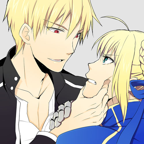 blue_eyes, cheek_grab, chin_grab, eye_contact, fate/stay_night, fate_(series), frown, gilgamesh