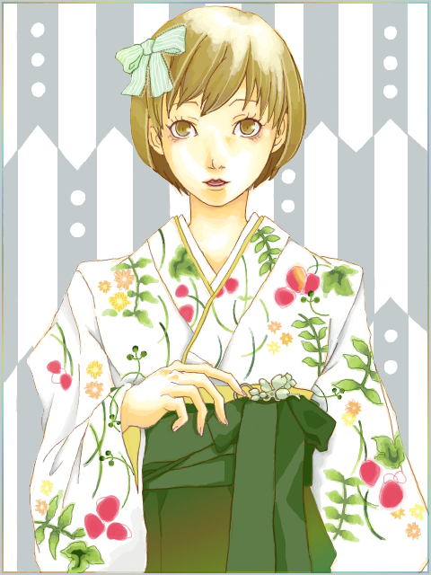 hair_ribbon, japanese_clothes, kimono, mizore1211, persona, persona_4, ribbon, satonaka_chie