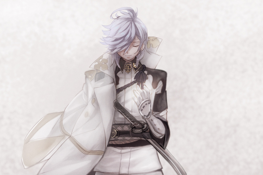 1boy, ahoge, argyle, arm_guards, armband, bakumatsu_rock, black_armband, closed_eyes, coat, coat_on_shoulders, collared_jacket, facing_viewer, gloves, hair_over_one_eye, jacket, katana, light_purple_hair, male_focus, nanamura, okita_souji_(bakumatsu_rock), patterned_background, purple_sash, sash, sheath, sheathed, short_hair, shoulder_cape, solo, straight-on, sword, upper_body, weapon, white_background, white_coat, white_gloves, white_jacket