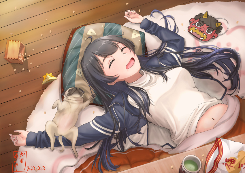 1girl, agano_(kancolle), ahoge, animal, beans, black_hair, black_jacket, closed_eyes