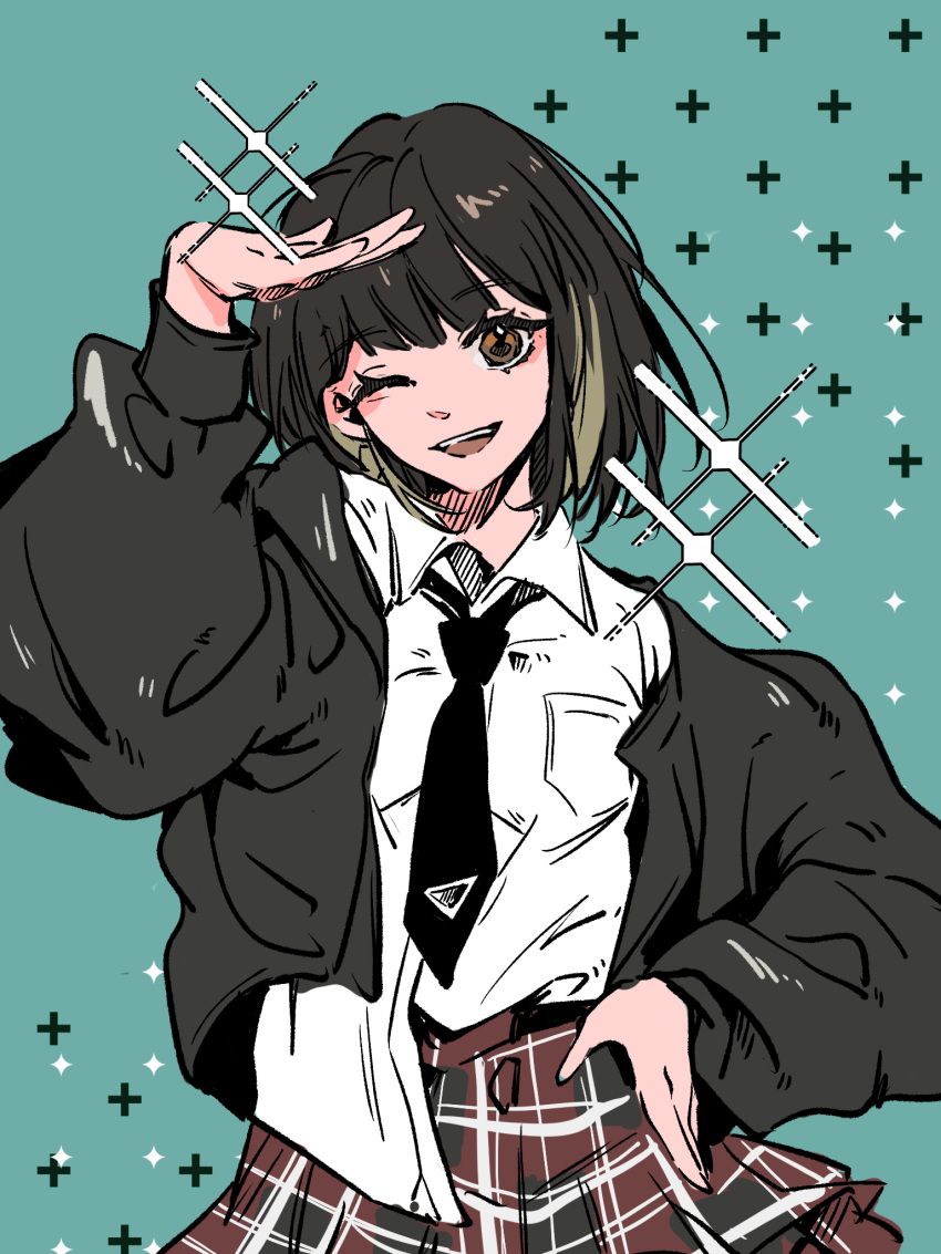 1girl, aqua_background, black_hair, black_jacket, black_necktie, blonde_hair, blush, brown_eyes