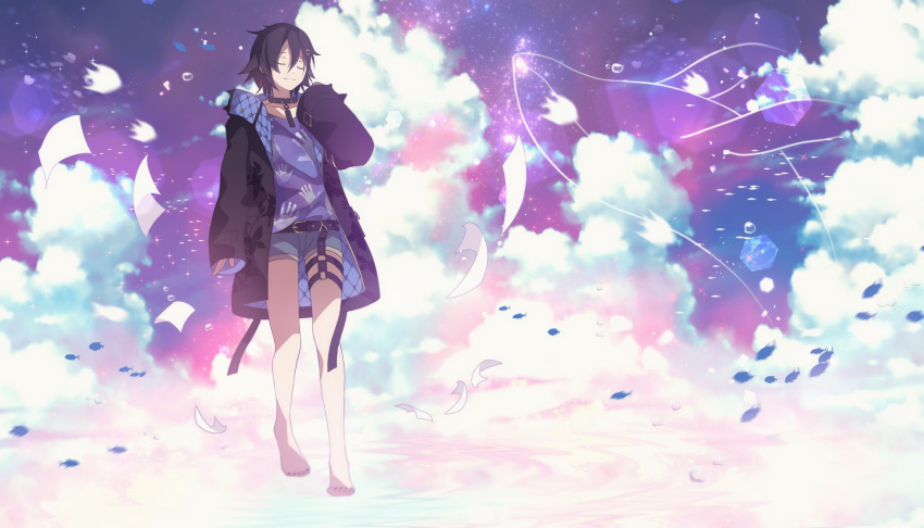 1boy, air_bubble, barefoot, belt, black_belt, black_coat, black_collar, black_hair