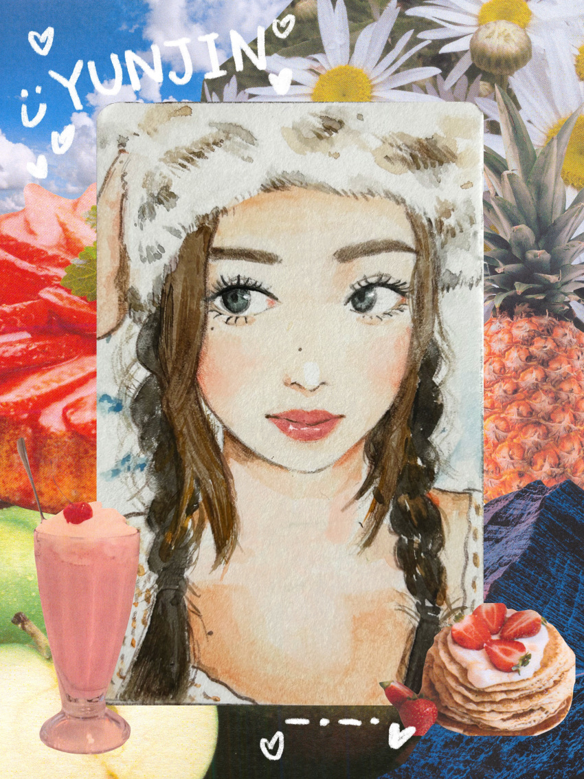 1girl, ?, ??, absurdres, black_eyes, blush, braid, brown_hair, character_name, chinese_commentary, food, fruit, fur_hat, hat, heart, highres, huh_yun-jin, k-pop, le_sserafim, looking_to_the_side, medium_hair, mole, mole_on_nose, mole_under_eye, painting_(medium), pancake, qingqi_yan_chun_pu~, real_life, red_lips, solo, strawberry, traditional_media, twin_braids, ushanka, watercolor_(medium), white_headwear