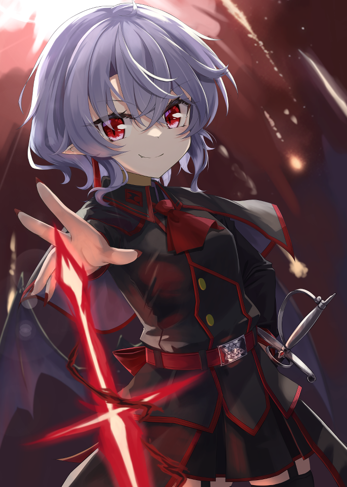 1girl, akisome_hatsuka, alternate_costume, ascot, bangs, bat_wings, black_capelet, black_jacket