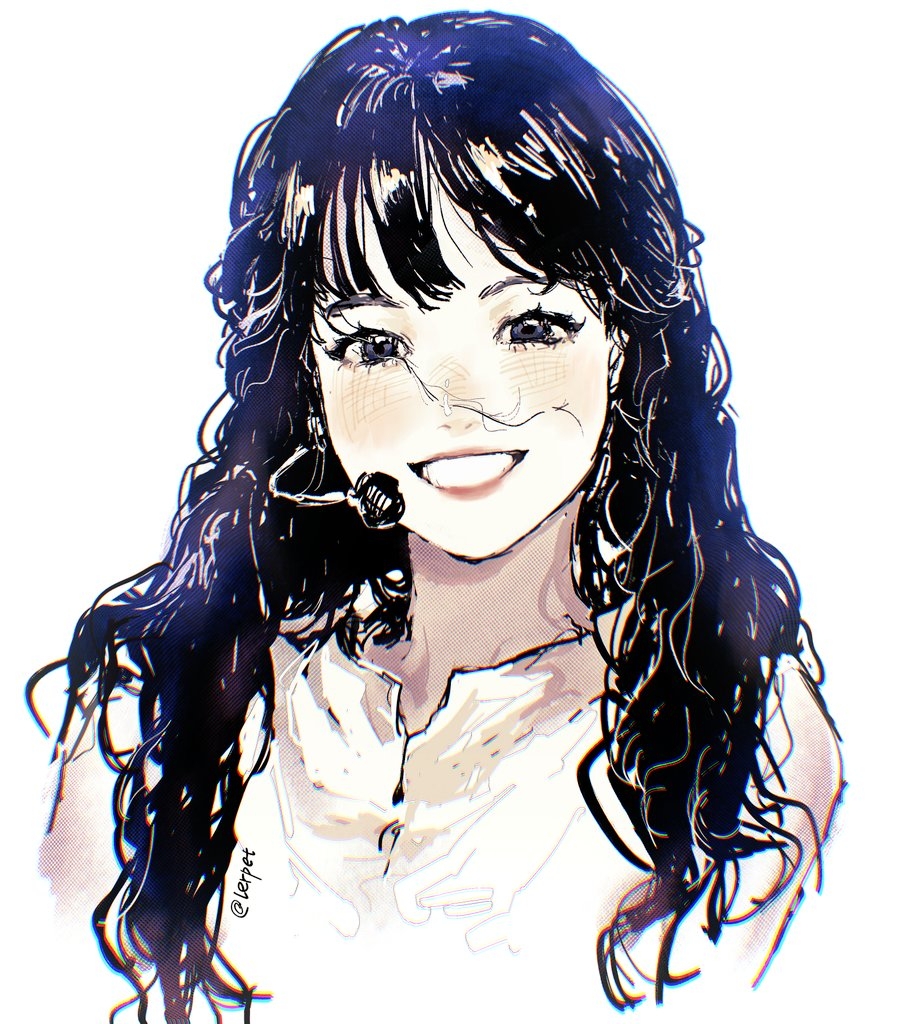 1girl, animification, artist_name, black_eyes, black_hair, blush, earpiece, hair_strand, head_tilt, hong_eun-chae, k-pop, le_sserafim, lerpet, looking_at_viewer, parted_lips, photo-referenced, portrait, real_life, shirt, smile, solo, white_background, white_shirt