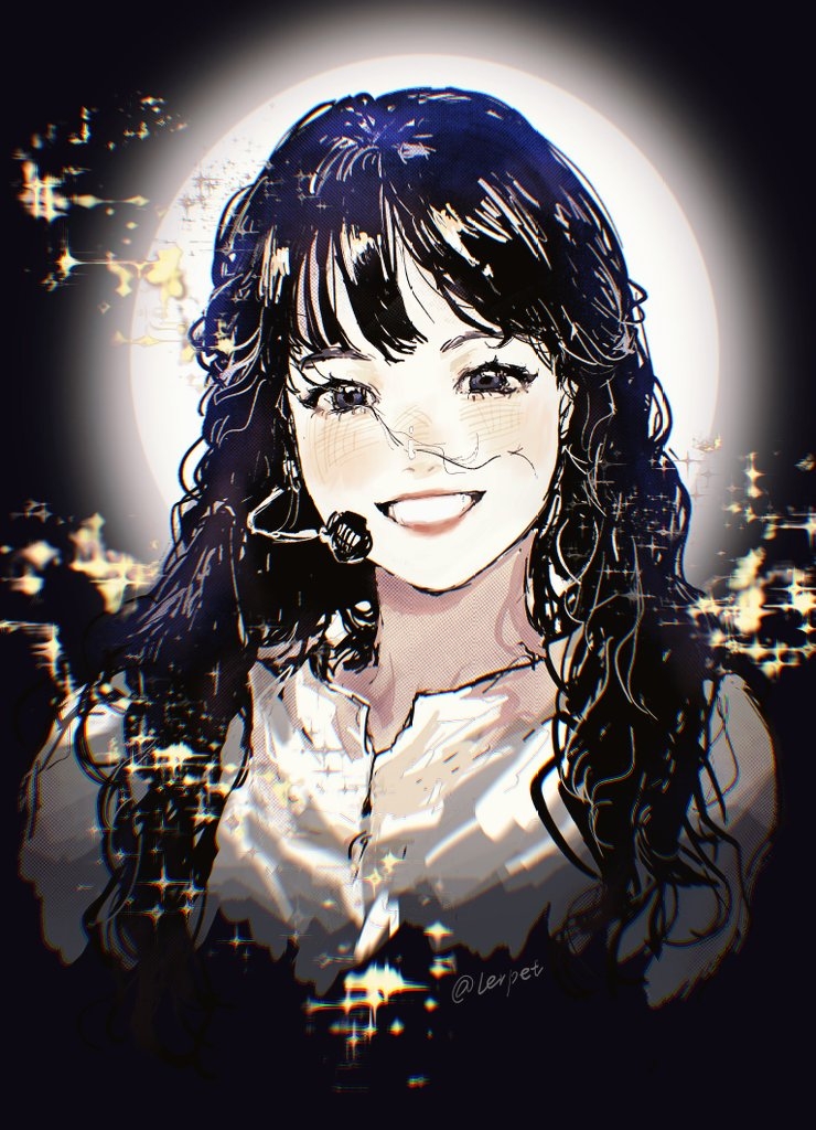 1girl, animification, artist_name, black_background, black_eyes, black_hair, blush, earpiece, hair_strand, head_tilt, hong_eun-chae, k-pop, le_sserafim, lerpet, looking_at_viewer, moon, parted_lips, photo-referenced, portrait, real_life, shirt, smile, solo, white_shirt
