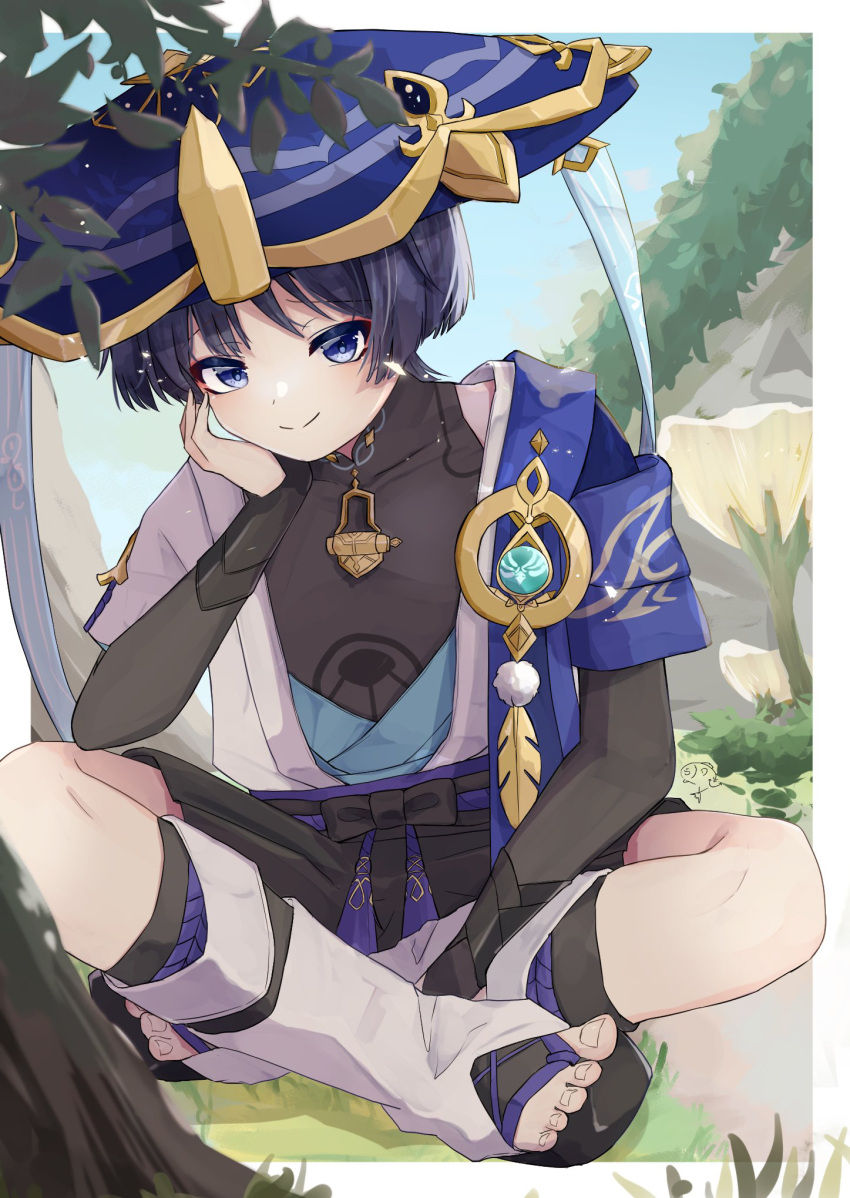 1boy, bangs, black_footwear, black_hair, black_sash, black_shirt, black_shorts, blue_headwear
