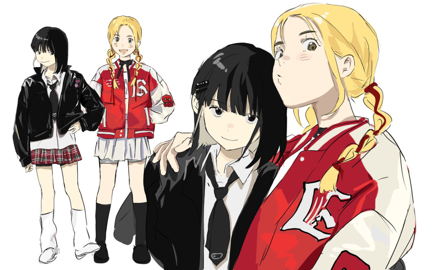 2girls, animification, arm_around_shoulder, bangs, black_eyes, black_hair, black_jacket, black_necktie