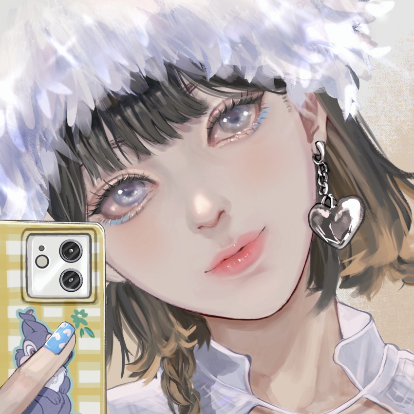 1girl, bambi_(movie), black_hair, blue_nails, braid, brown_hair, cellphone, collarbone
