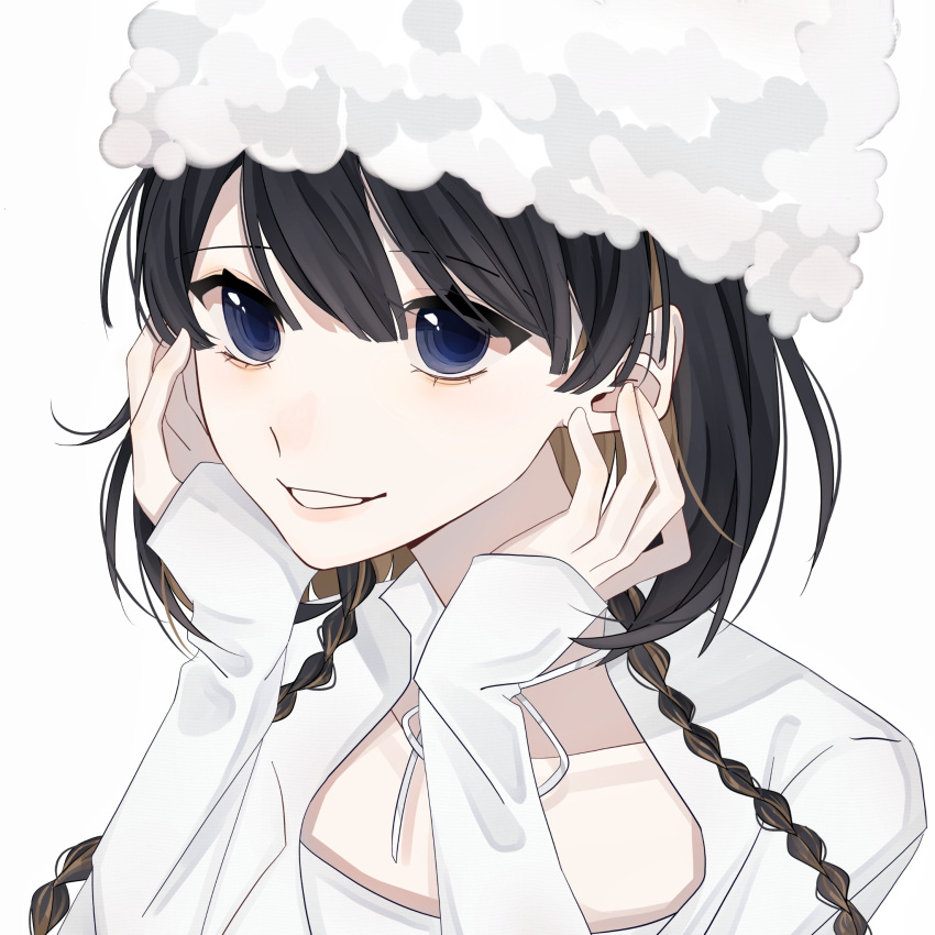 1girl, animification, black_hair, blue_eyes, braid, brown_hair, collarbone, fur_hat