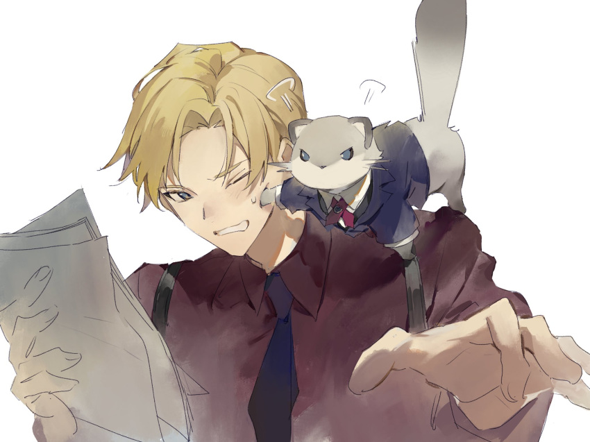 1boy, angry, animal, animal_on_shoulder, bangs, black_necktie, blonde_hair, blue_eyes