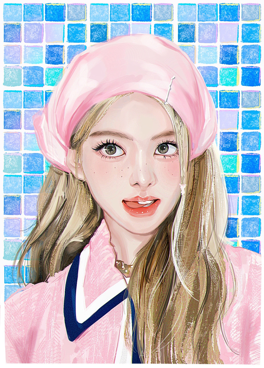 1girl, bandana, blonde_hair, commentary, eyelashes, freckles, gold_choker, highres, jacket, k-pop, light_blush, light_smile, lips, long_hair, looking_to_the_side, ma_xiao_ya, nayeon_(twice), open_mouth, pink_bandana, pink_jacket, portrait, real_life, realistic, solo, symbol-only_commentary, teeth, tile_wall, tiles, tongue, tongue_out, twice_(group)