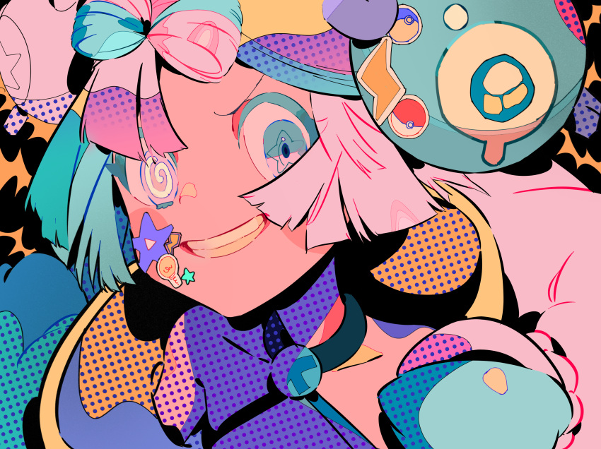 1girl, absurdres, blue_eyes, blue_hair, bow-shaped_hair, character_hair_ornament, grin, hair_ornament