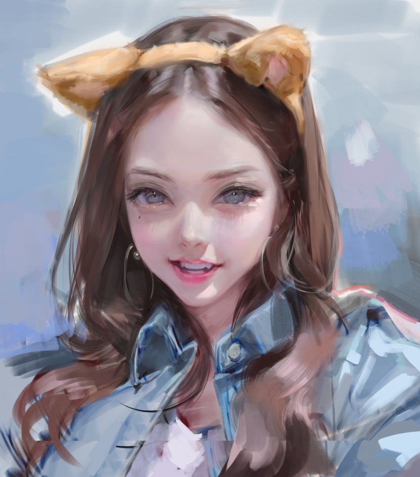 1girl, absurdres, animal_ears, blue_background, blue_eyes, bm94199, brown_hair, denim