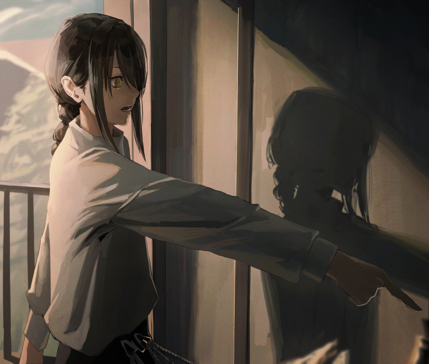 1girl, absurdres, ao_desu2222, braid, braided_ponytail, chainsaw_man, grey_sweater, hair_over_one_eye