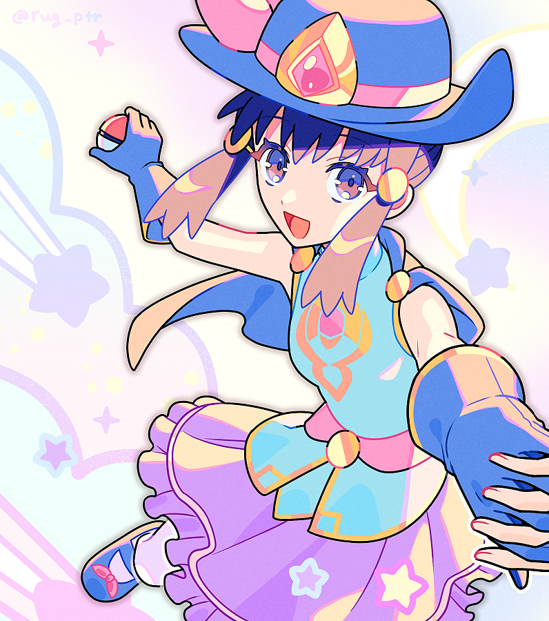 2girls, :d, bangs, blue_footwear, blue_gloves, blue_headwear, commentary_request, dawn_(sygna_suit)_(pokemon)