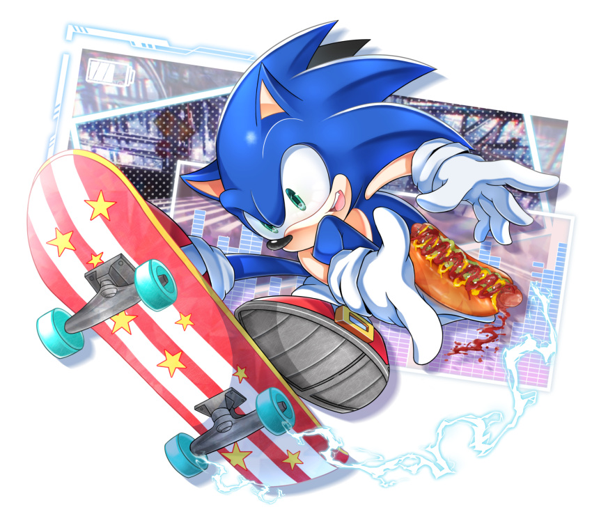 1boy, :d, animal_nose, chili_dog, food, furry, furry_male, gloves, green_eyes, highres, hot_dog, male_focus, r131q, red_footwear, shoes, skateboard, skateboarding, smile, solo, sonic_(series), sonic_the_hedgehog, white_gloves