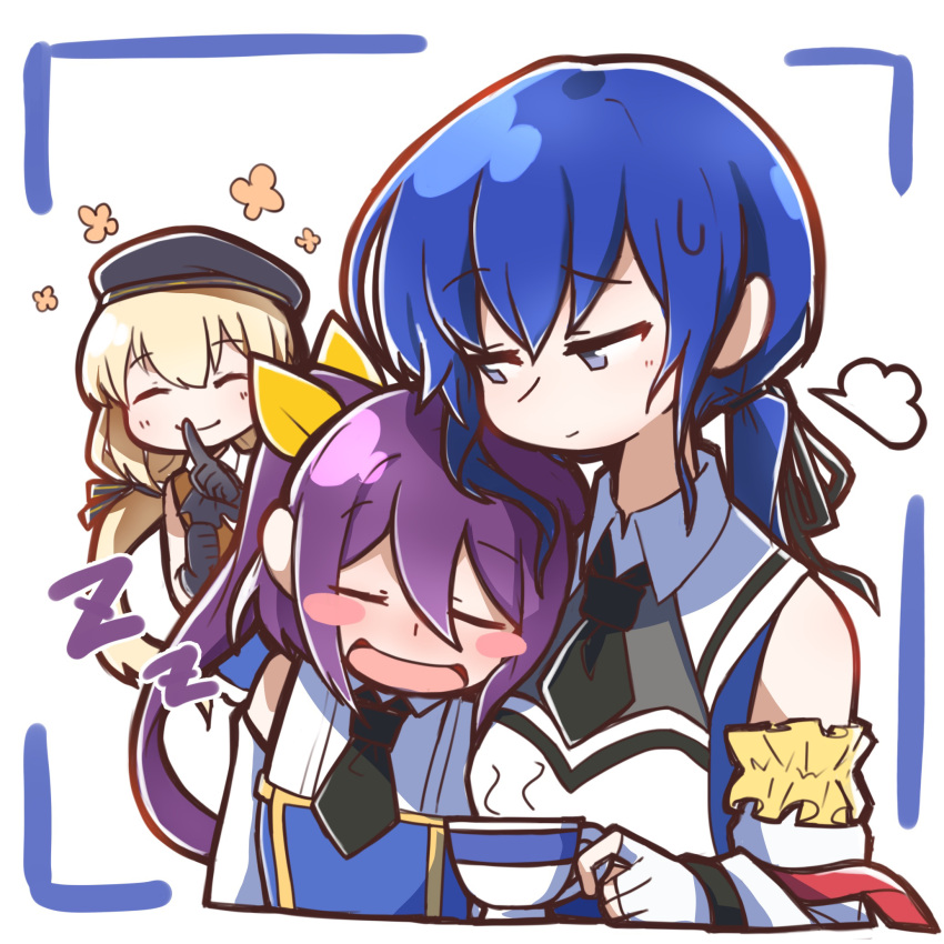 3girls, :d, =3, =_=, ^_^, arm_garter, arms_up, assault_lily