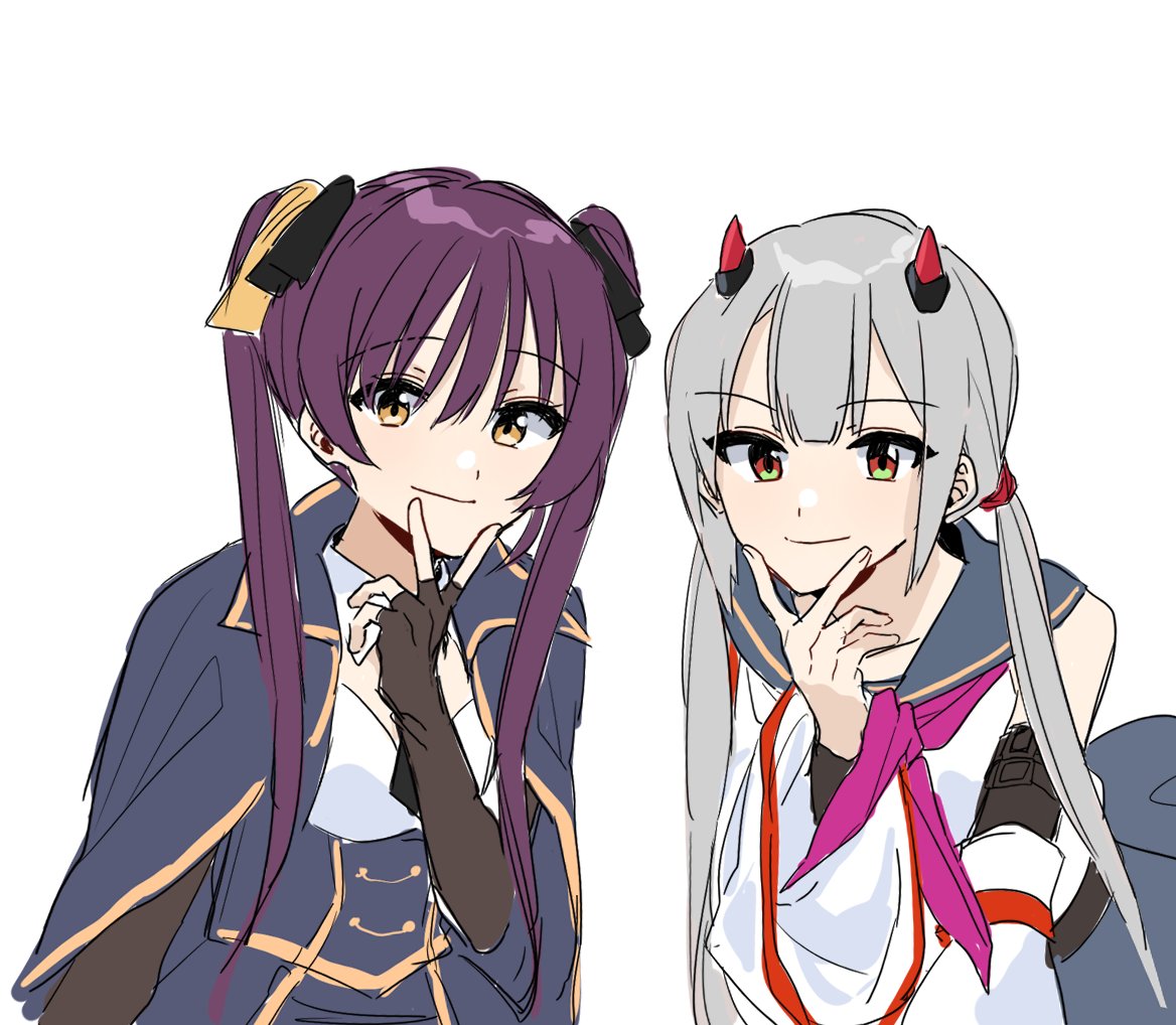 2girls, arm_at_side, armband, assault_lily, bangs, bare_shoulders, black_necktie, blue_cloak