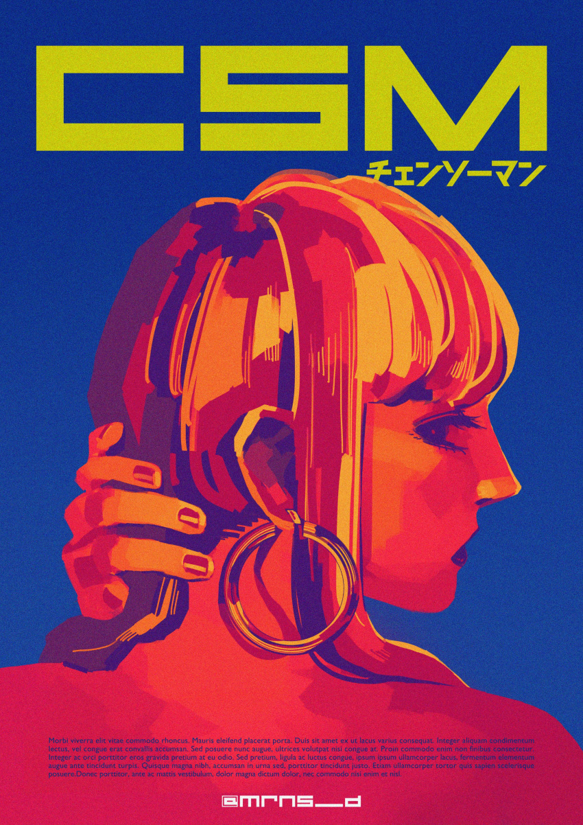 1girl, absurdres, blue_background, chainsaw_man, copyright_name, cover, earrings, highres