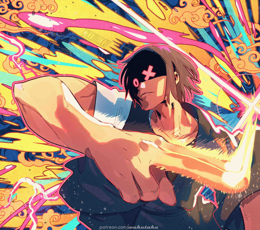 1boy, black_hair, blue_kimono, closed_mouth, en'en_no_shouboutai, fire, highres, japanese_clothes, kimono, layered_clothes, layered_sleeves, long_sleeves, male_focus, shinmon_benimaru, shirt, short_hair, short_over_long_sleeves, short_sleeves, solo, symbol-shaped_pupils, taku_(aywakutakuay), white_shirt