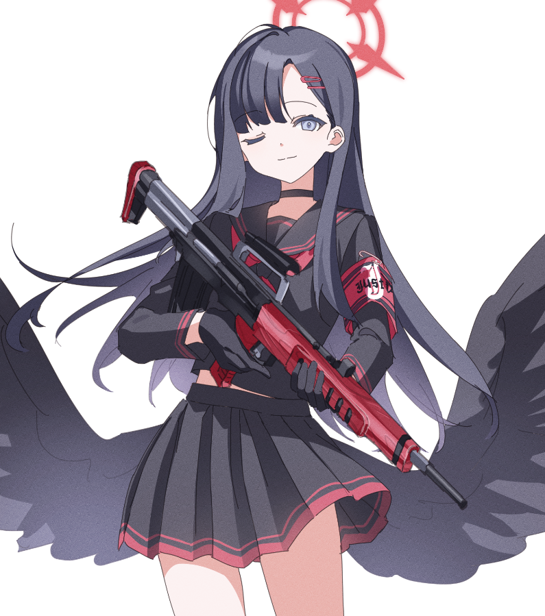 1girl, ;), armband, assault_rifle, bangs, black_choker, black_gloves, black_hair