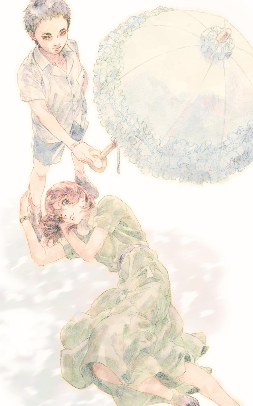 1boy, 1girl, absurdres, aged_down, black_hair, blue_shorts, dress, frilled_umbrella