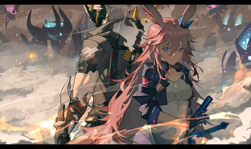 1boy, 1girl, absurdres, animal_ears, back-to-back, bangs, black_gloves, black_jacket