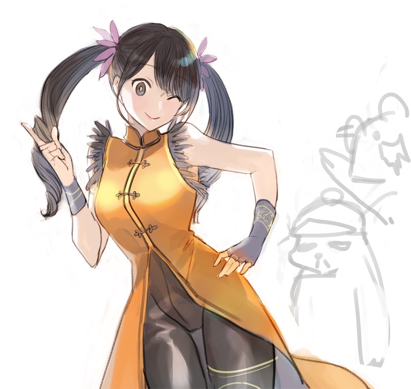 1girl, bangs, black_eyes, black_hair, black_pants, china_dress, chinese_clothes, closed_mouth