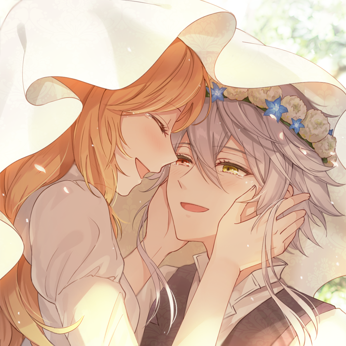 1boy, 1girl, blonde_hair, bridal_veil, closed_eyes, dress, facing_another, hetero, heterochromia, liliana_adornato, looking_at_another, orlok_(piofiore_no_bansho), piofiore_no_bansho, red_eyes, short_hair, sweetmint, veil, wedding_dress, white_hair, yellow_eyes