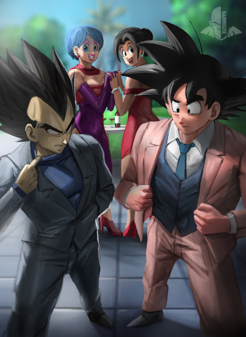 2boys, 2girls, :d, absurdres, black_eyes, black_footwear, black_hair, blue_eyes, blue_hair, blue_necktie, blue_vest, blurry, blurry_background, bottle, brown_jacket, brown_pants, bulma, chi-chi_(dragon_ball), cup, dragon_ball, dress, drinking_glass, earrings, elite_nappa, grin, highres, holding_hands, jacket, jewelry, lipstick, looking_to_the_side, makeup, multiple_boys, multiple_girls, necktie, off-shoulder_dress, off_shoulder, open_mouth, outdoors, pants, purple_dress, red_dress, red_lips, short_hair, smile, son_goku, spiky_hair, standing, turtleneck, vegeta, vest, wine_bottle, wine_glass