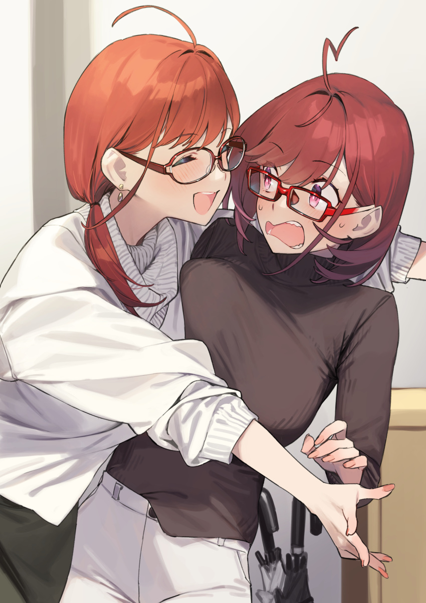 2girls, 92m, :d, absurdres, age_difference, ahoge, blush, closed_eyes