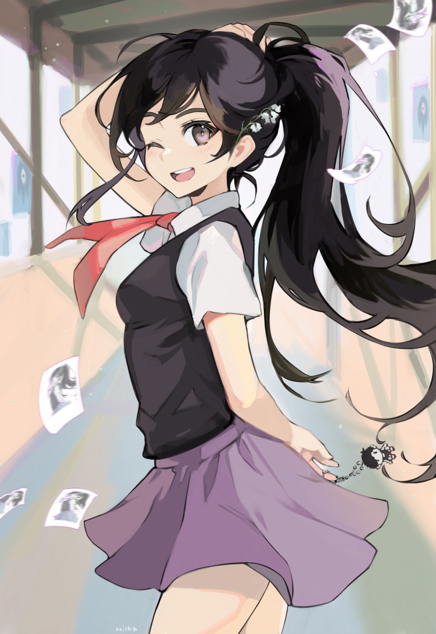 1girl, arm_up, black_hair, black_sweater_vest, blush, brown_eyes, collared_shirt, highres