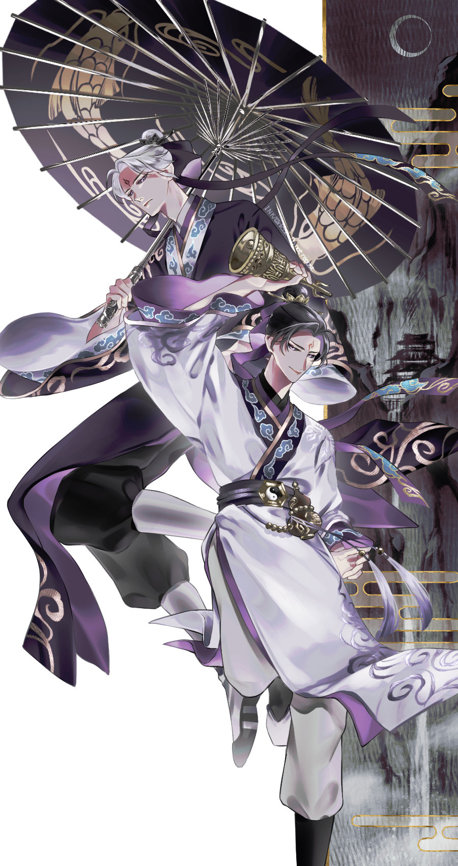 2boys, arm_up, bangs, bell, black_footwear, black_hair, black_pants, black_ribbon, black_robe, black_sash, black_sclera, bun_cover, chinese_clothes, closed_mouth, cloud_print, colored_sclera, egasumi, expressionless, facial_mark, fan_wujiu, foot_out_of_frame, forehead_mark, gourd, grey_hair, grey_pants, hair_bun, hair_ornament, hair_ribbon, hair_stick, hanging_scroll, highres, holding, holding_bell, holding_umbrella, identity_v, ink_(ink532), looking_at_viewer, male_focus, multiple_boys, oil-paper_umbrella, pants, parted_bangs, purple_ribbon, ribbon, robe, sash, scroll, sideways_glance, single_hair_bun, smile, standing, standing_on_one_leg, tassel, umbrella, violet_eyes, white_background, white_footwear, white_robe, wide_sleeves, wu_chang, xie_bian, yin_yang, yin_yang_print