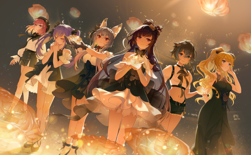 6+girls, absurdres, ahoge, animal_ear_fluff, animal_ears, arm_behind_back, backlighting, bare_arms