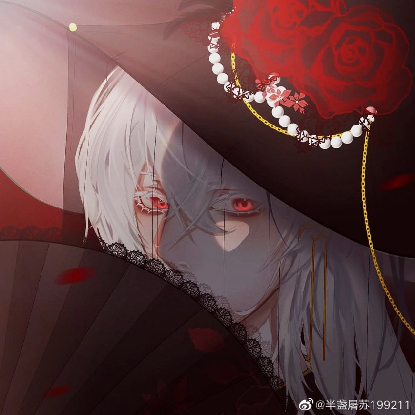 1boy, androgynous, bangs, bishounen, chain, chinese_commentary, colored_skin, commentary_request, covering_mouth, crossdressing, crossed_bangs, dress, earrings, flower, gem, girly_boy, gloves, hand_fan, hat, holding, holding_fan, jewelry, lace, lace-trimmed_fan, lace_trim, lace_veil, long_hair, looking_at_viewer, male_focus, otoko_no_ko, pale_skin, pearl_(gemstone), red_flower, red_rose, rose, solo, thriller_trainee, transparent, upper_body, victorian, weibo_7805573989, white_hair, white_skin, zong_jiu