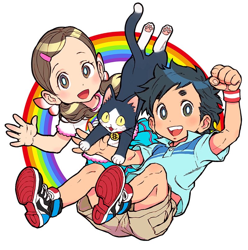 1boy, 1girl, bangs, black_eyes, black_hair, blue_shirt, brown_eyes, brown_hair, brown_shorts, cat, clenched_hand, commentary_request, dress, frilled_dress, frills, hair_ornament, hairclip, kodomo_yume_kikin, low_twintails, nishimura_kinu, official_art, open_mouth, polo_shirt, rainbow, shirt, shoes, shorts, smile, sneakers, twintails, wristband