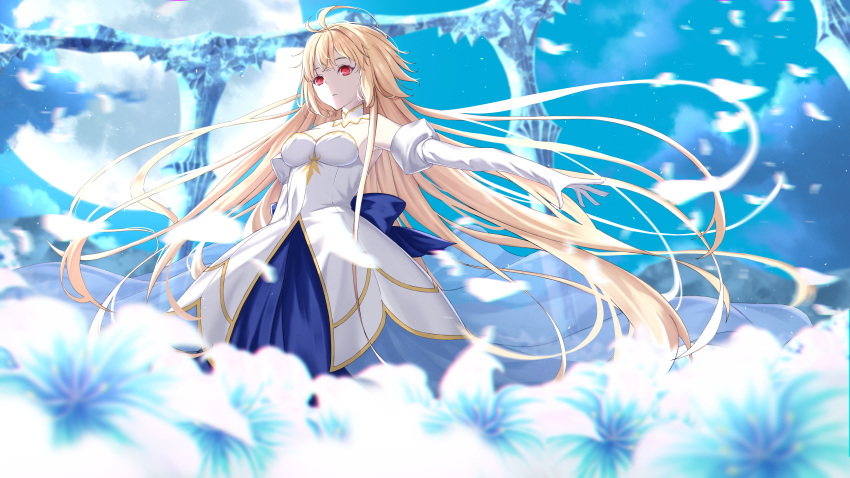 1girl, absurdres, archetype_earth, arcueid_brunestud, blonde_hair, blue_ribbon, breasts, detached_sleeves