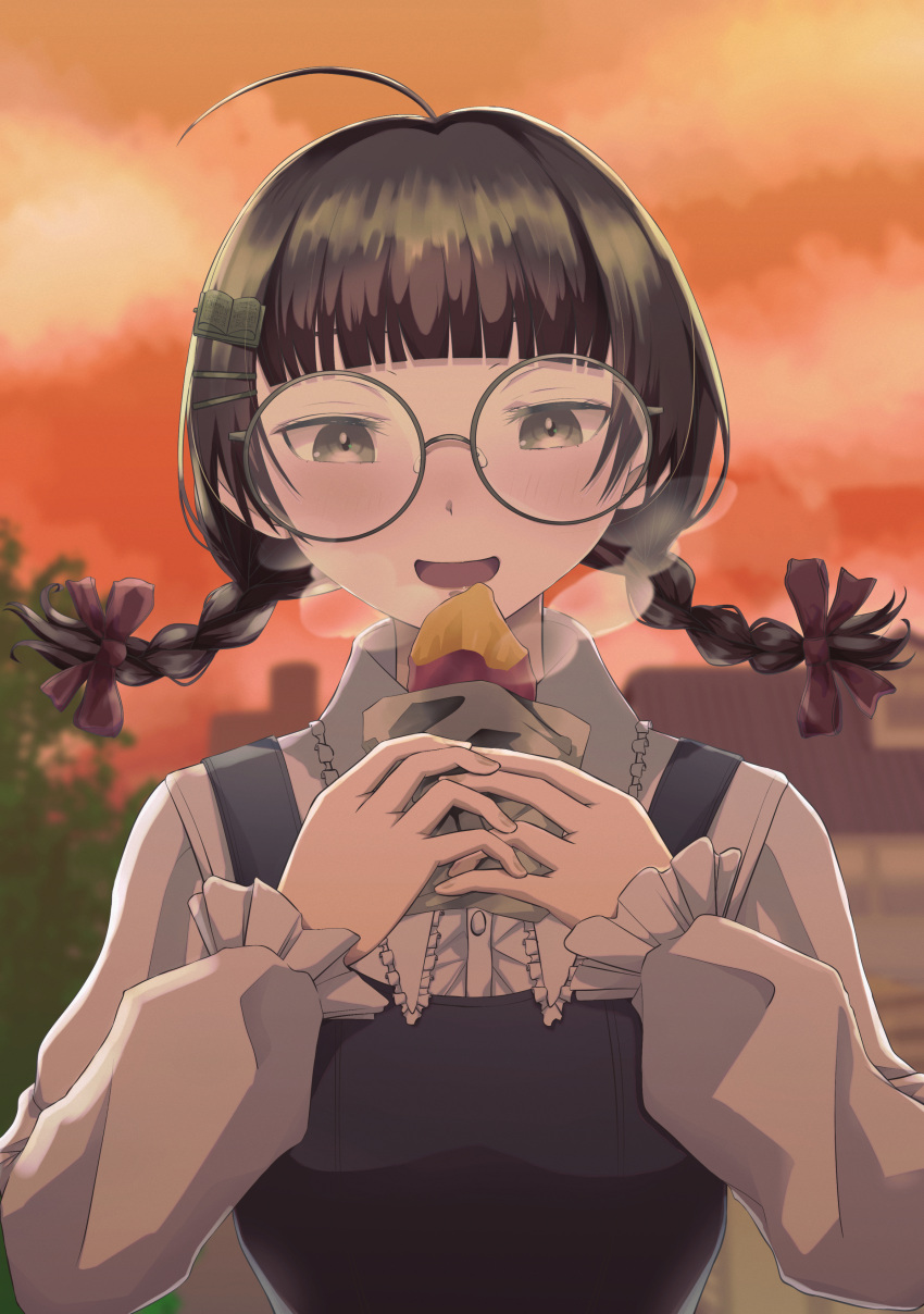 1girl, :d, absurdres, ahoge, bangs, blunt_bangs, book_hair_ornament, braid, brown_hair, eating, food, glasses, hair_ornament, hairclip, highres, holding, holding_food, indie_virtual_youtuber, long_sleeves, orange_sky, outdoors, short_twintails, sky, smile, solo, steam, sweet_potato, takllou, twin_braids, twintails, upper_body, virtual_youtuber, yomiyama_humino